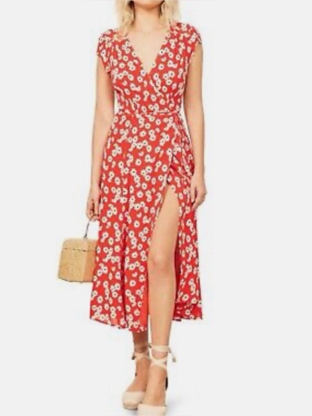 REFORMATION Oopsie Daisy Floral CARINA Georgette True Wrap Tie Midi Dress